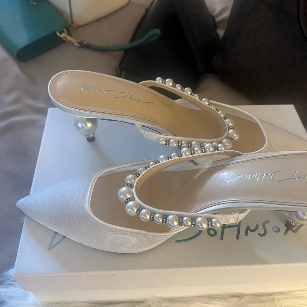 Betsey Johnson White Pearl-Adorned Heels